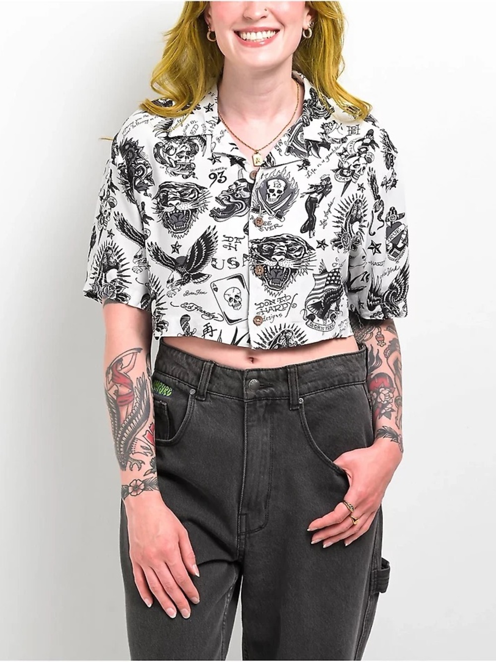 Y2K Ed Hardy Flashboard Button Up Shirt Large Crop Top White Black Short Sleeve